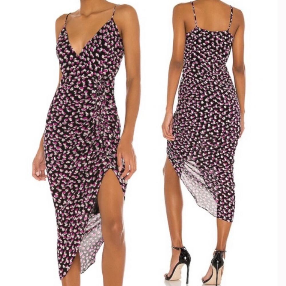 Karina Grimaldi Marissa Slip Dress Faux Wrap Side Slit Metallic Purple Black L